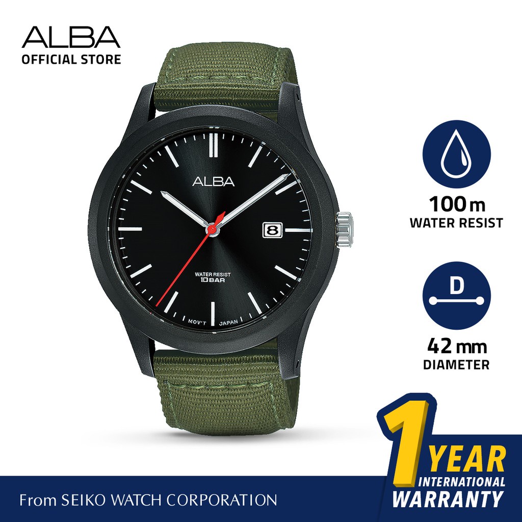 Alba Active Jam Tangan Pria AS9K23 / AS9K23X1 Quartz Dark Black Dial Green Nylon Strap Watch