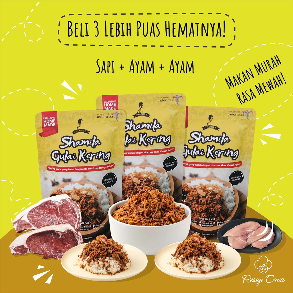 

PAKET HEMAT ISI 6 GULAI KERING, MAKANAN INSTAN SIAP SAJI SAPI AYAM TUNA PREMIUM BY RESEP OMA