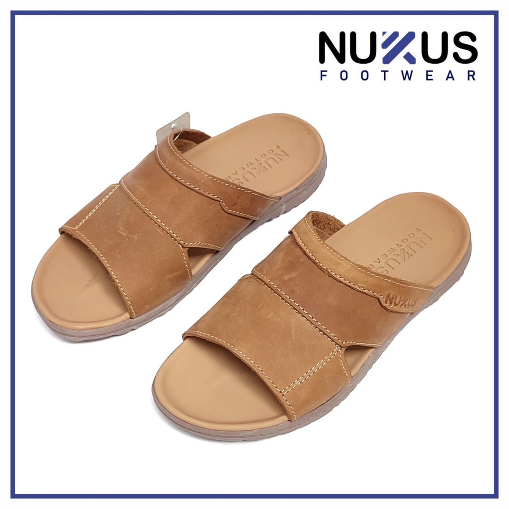 Nukus Sandal Pria Kulit Asli Selop Coklat Krem - NK 06