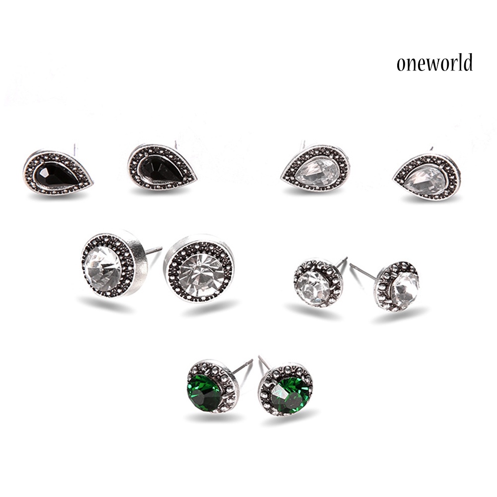 OW@ 5 Pairs Round Waterdrop Shape Ear Studs Set Women Retro Party Earrings Jewelry