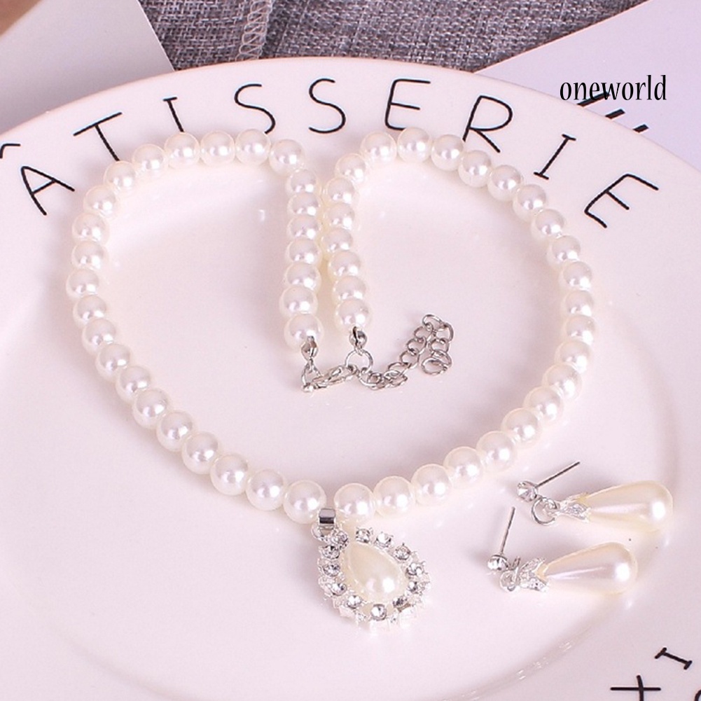 OW@ Water Drop Faux Pearl Beaded Rhinestone Bridal Necklace Earrings Jewelry Set