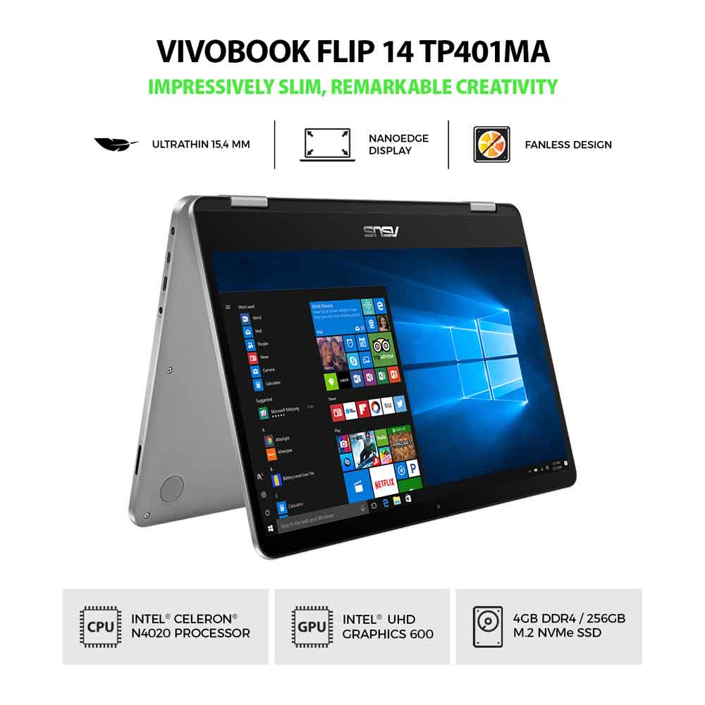 laptop asus vivobook flip tp401ma hd421 n4020 4g 256 ssd w11 ohs21 grey 102251