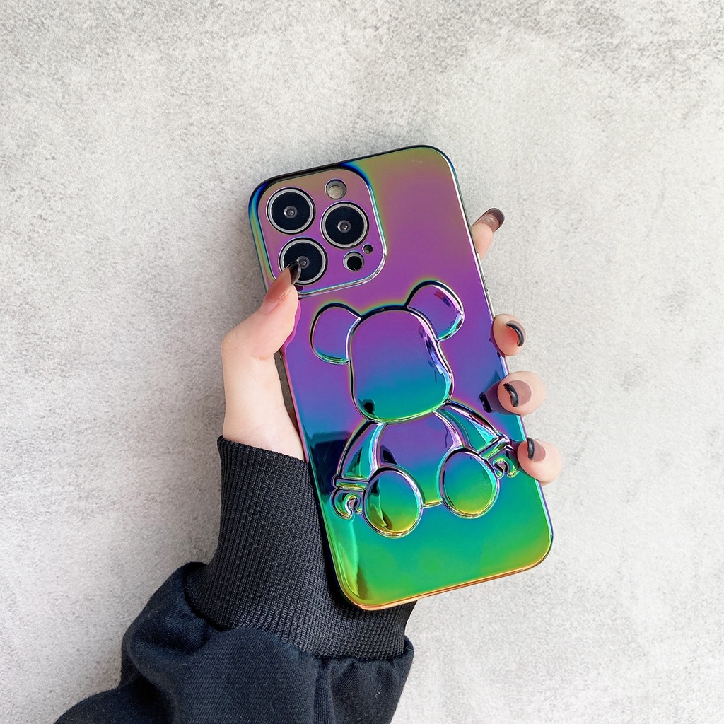 Soft case Silikon Transparan Motif Beruang 3D Warna Gradasi Laser Untuk iPhone 11 Pro MAX 12 13 Pro MAX