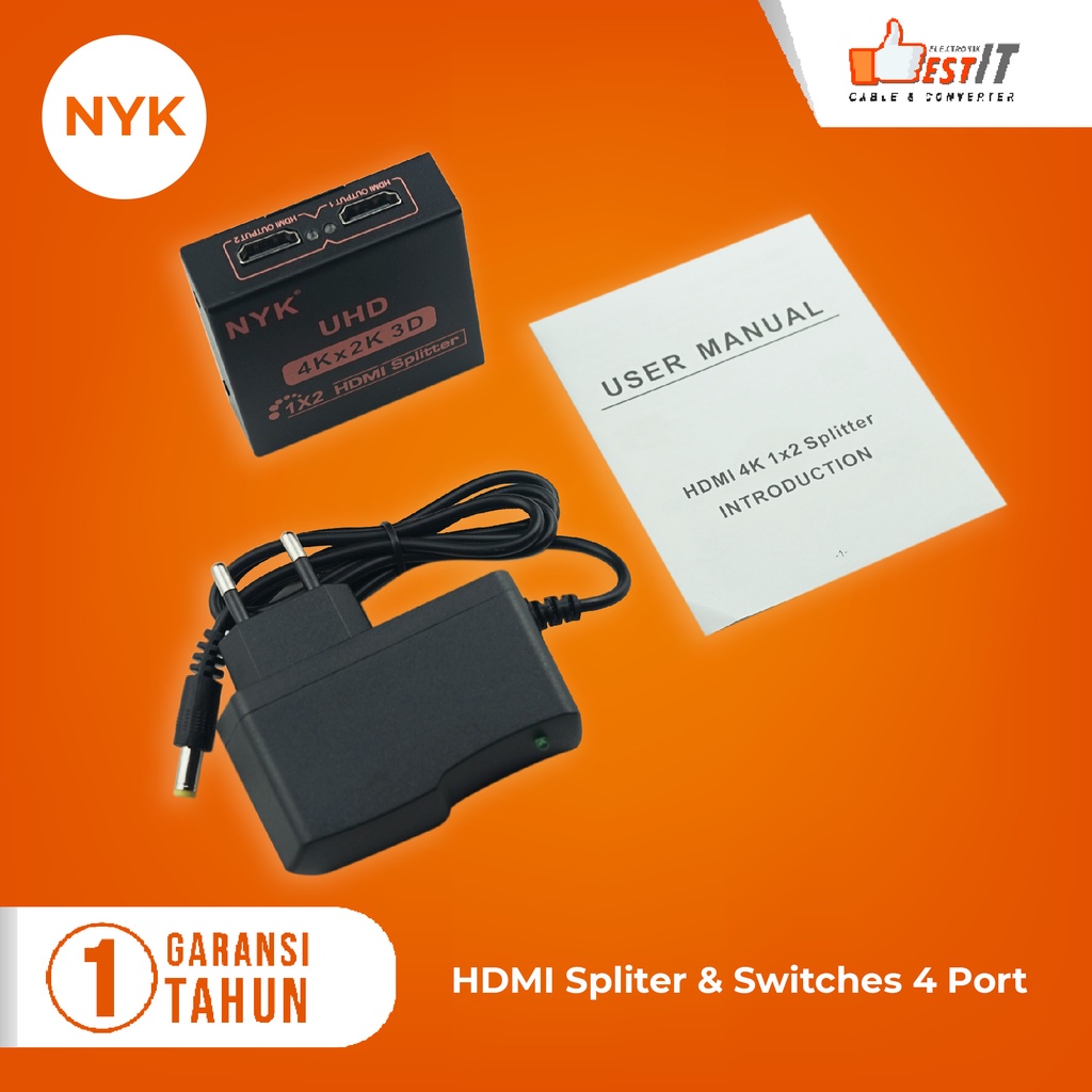 HDMI Splitter NYK 2 Port 1080P UHD -Splitter HDMI 1-2 Plus Adaptor NYK