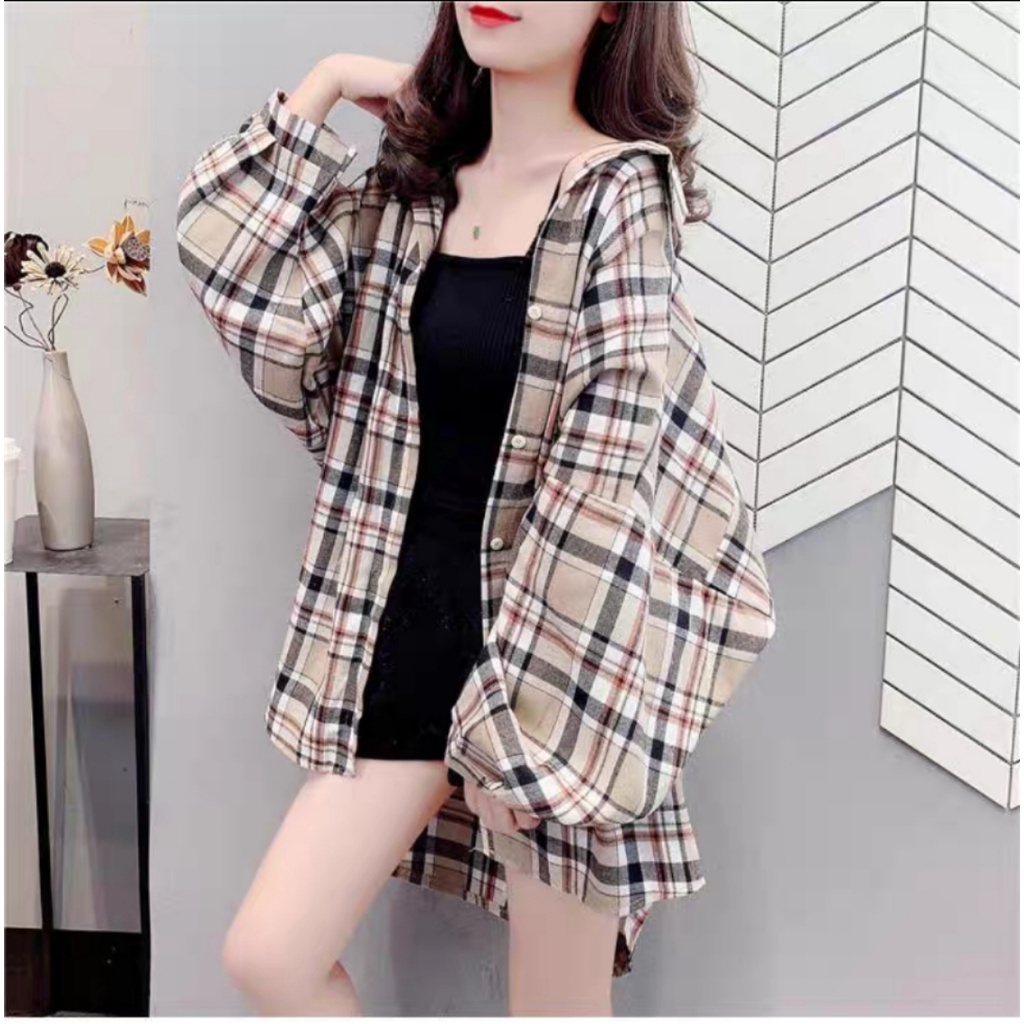 Kemeja Tartan Oversize Wanita Lengan Panjang Kekinian Oversize Shirt Flane Kotak Kotak