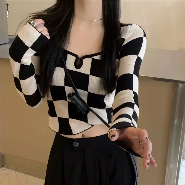 Korean Women Knit Square Long Sleeve Top 2582