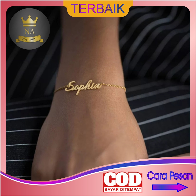 Gelang nama Titanium Anti Karat Wanita Lapis Emas aksesoris cewek fashion perempuan