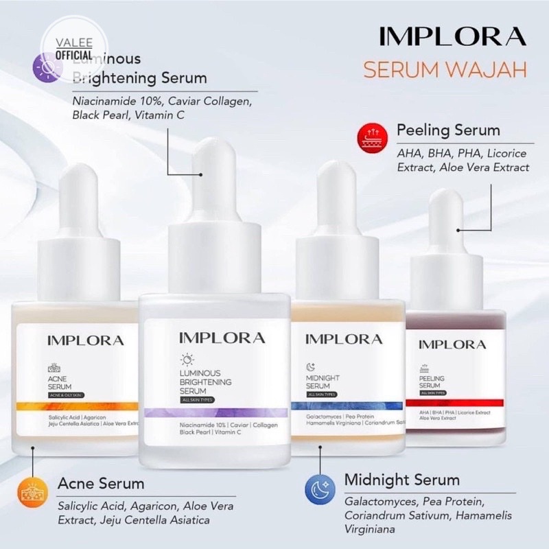 (COD) Implora Face Serum Acne Serum Anti Jerawat | Luminous | Midnight | Peeling AHA BHA PHA | Hydrating Serum