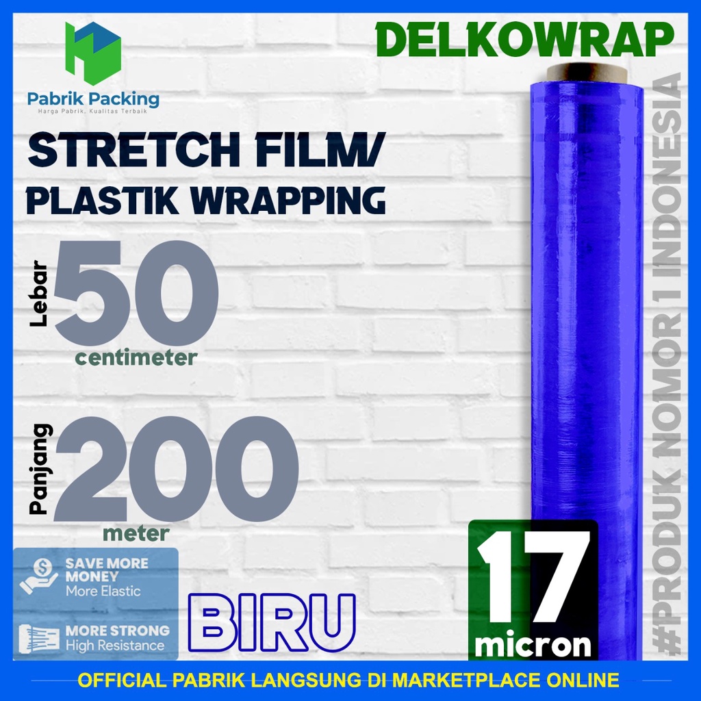 PLASTIK WRAPPING PLASTIK PEMBUNGKUS STRETCH FILM BIRU 50CM DELKOWRAP MURAH