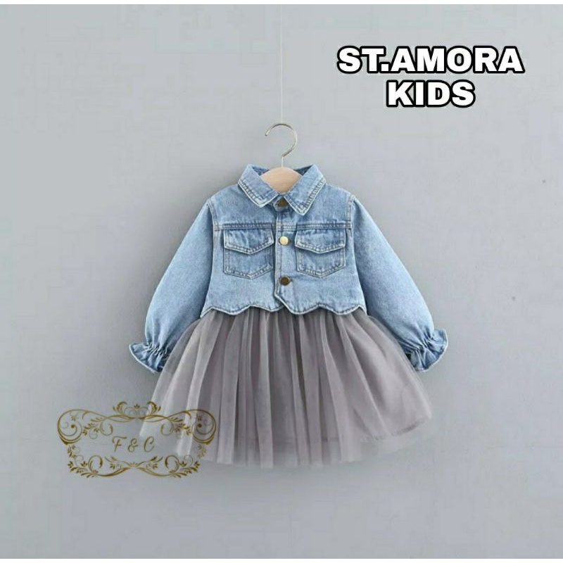 3 UKURAN S M L SET AMORA KID 3IN1 PAKAIAN ANAK PEREMPUAN ATASAN JACKET JEANS, INNER DAN ROK FEHM