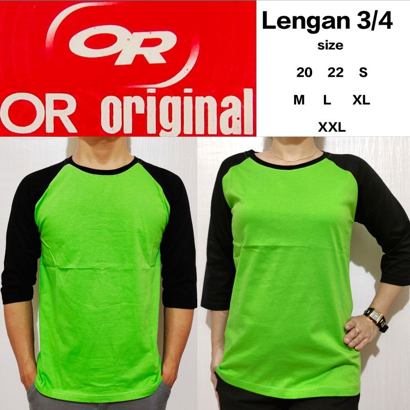 Kaos Raglan polos pria wanita couple hijau stabilo lengan hitam 3/4