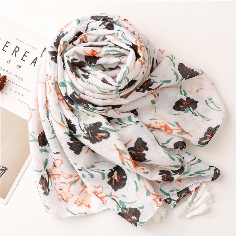 ITSFRIDAY BUNGA Scraf Premium Scarf - Premium Pashmina Shawl Selendang Syal Pasmina Hijab Import Motif Flower Rose Art Hitam Putih Tassel