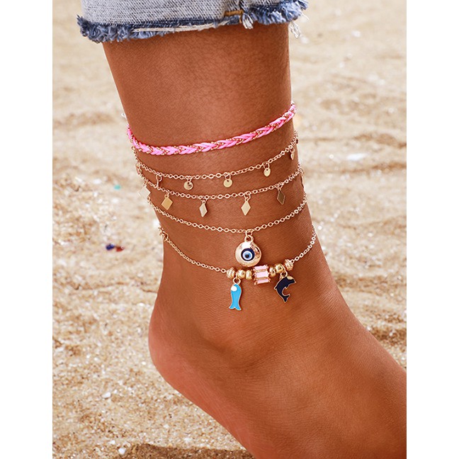 LRC Gelang Kaki Fashion Gold Round Eye Dolphin Geometric Fish Anklet 5 Piece Set D32639