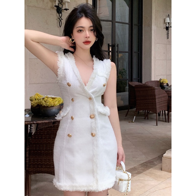 Suhao Xiaoxiang Dress Rok Tanpa Lengan Putih Prancis Rok A-line