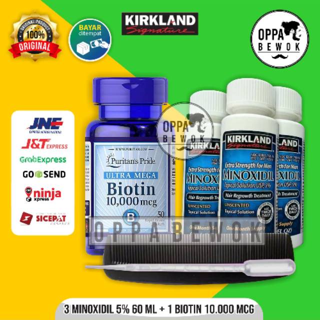 PAKET MURAH 3 BOTOL MINOXIDIL DAN 1 BOTOL BIOTIN 10000mcg penumbuh brewok rambut alis jenggot kumis