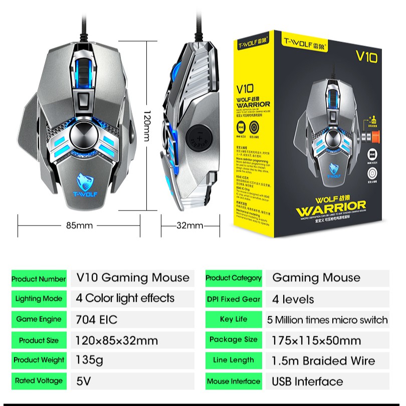 SKU-1141 MOUSE GAMING MACRO LED T-WOLF V10 RGB MOUSE GAME TWOLF MURAH