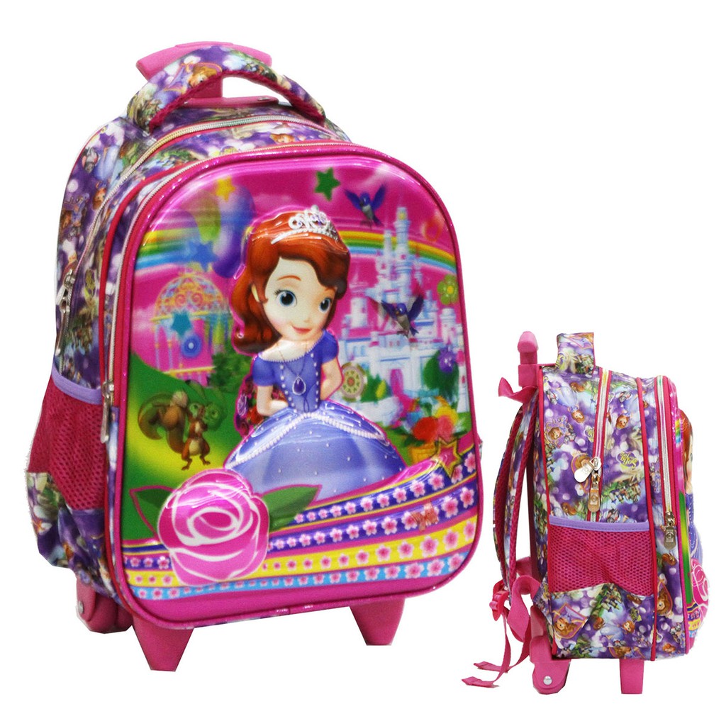 Tas Anak TK Trolley Import Princess Sofia Cantik 5D Timbul Hologram