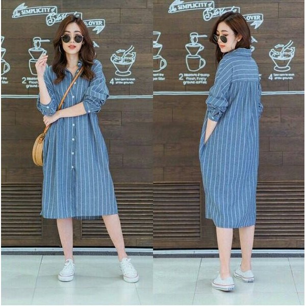 Pakaian Wanita f2sq 506 lk glory turkis biru tunik kemeja stripe katun salur garis kerja kantor