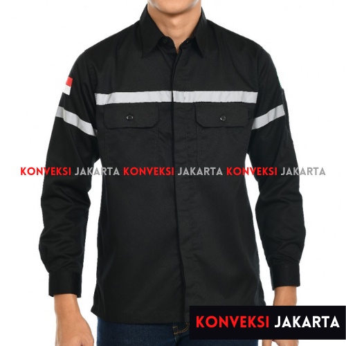 Baju Wearpack Kemeja Safety K3 Proyek Tambang Lengan Panjang  - Pakaian Seragam Werpak Kerja Atasan Scotlight Reflector Reflektor Lapangan Warna Hitam Pria Wanita