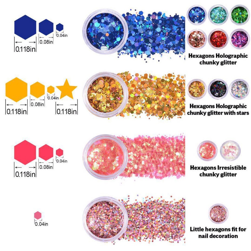 SIY  12 Colors Mixed Holographic Makeup Chunky Glitter Face Body Eye Hair Nail Epoxy Resin Festival Chunky Hexagons Sequins