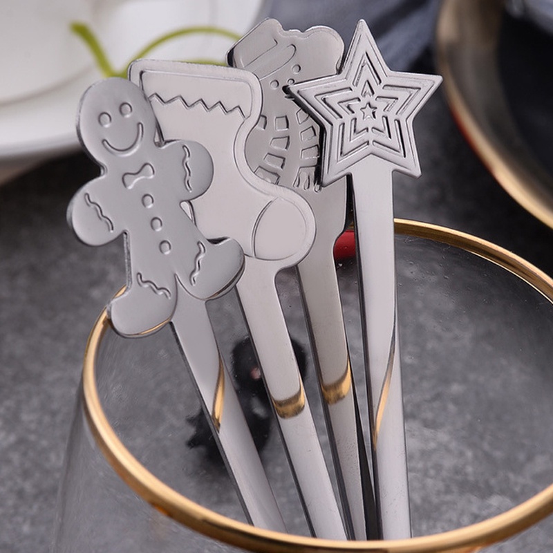 4pcs / Set Sendok Kopi / Es Krim / Dessert Bahan Stainless Steel Desain Snowman / Bintang Untuk Natal