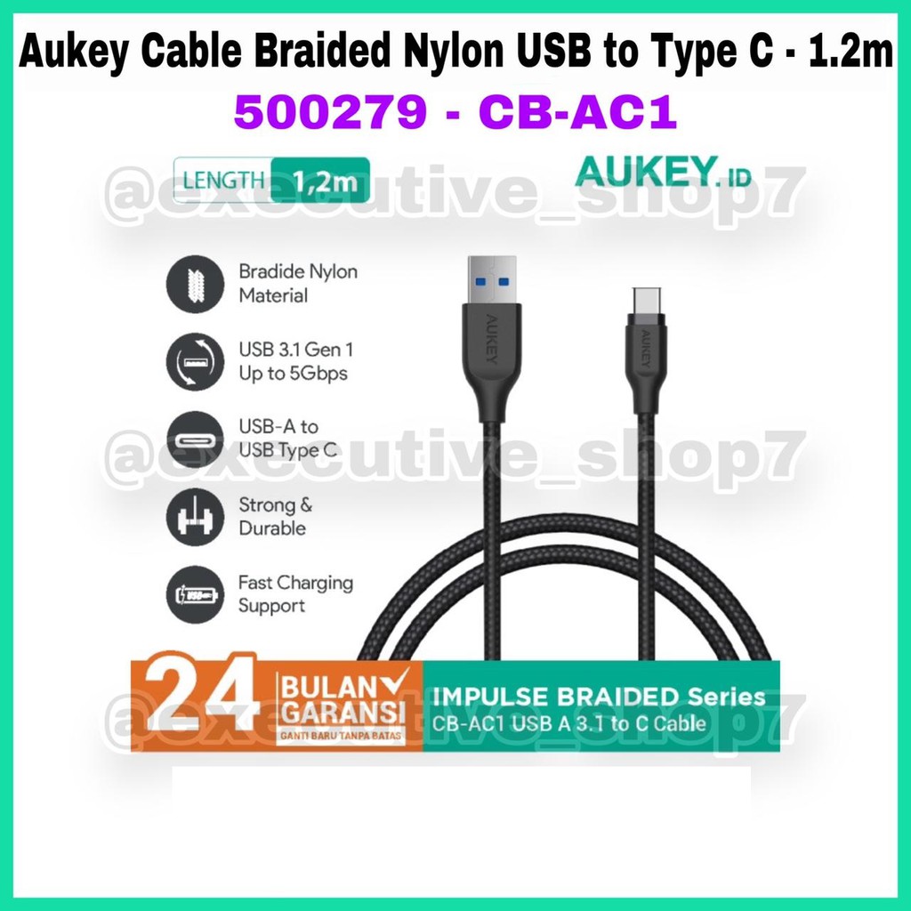 Aukey Cable Braided Nylon USB To Type C - 1.2m - 500279 / 500331 - CB-AC1