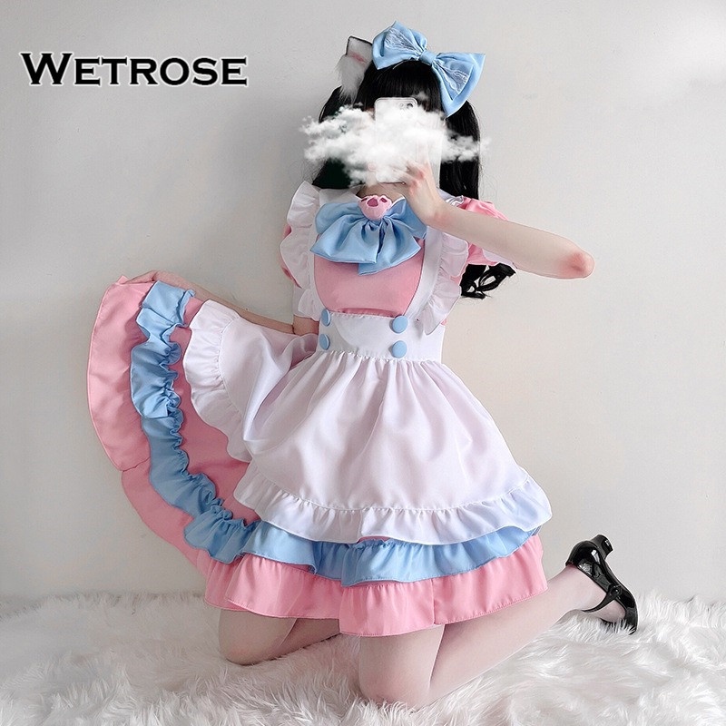 【Wetrose】Girl Super Cute Big Bow Lolita Maid Outfit Pink Blue Maid Costume Dress Set for Cosplay Cafe Wanita Pembantu