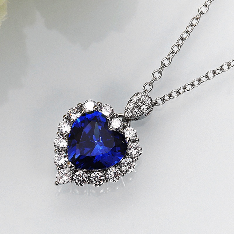（Alloy）Kalung Inlaid Sapphire Bentuk Hati Untuk Wanita