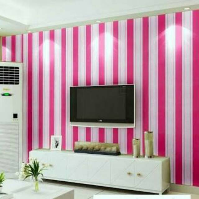 Wallpaper Sticker Dinding Ruang Tamu Kamar Termurah Garis Pink Putih Minimalis Elegan Cantikterlaris