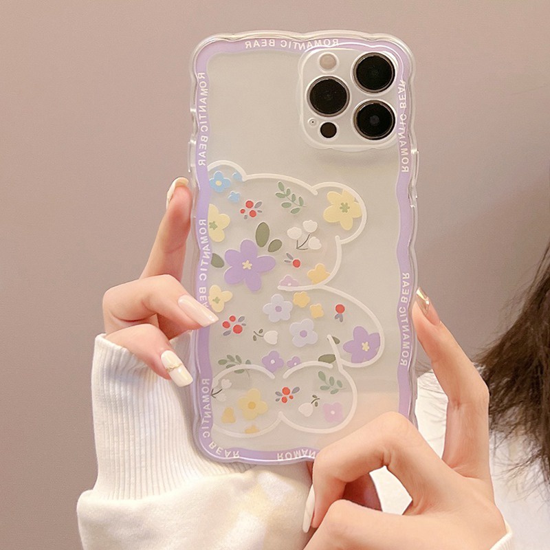 Soft Case Silikon Motif Bunga Beruang Ungu Untuk IPhone 7 8 Plus X XR XS Max 11 Pro Max 12 13 Pro Max SE 2020