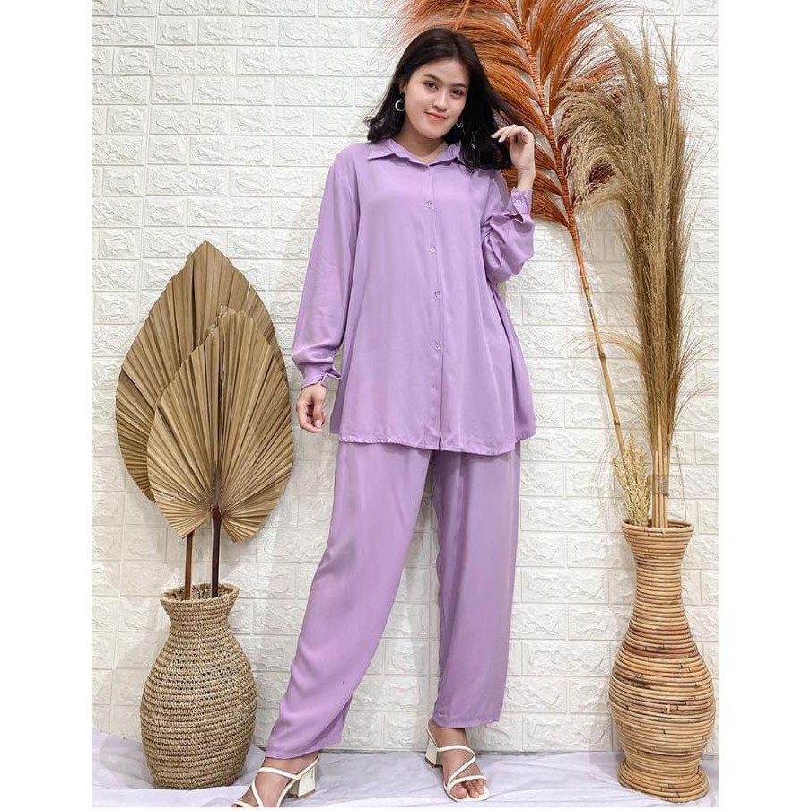 SET RAYON POLOS KEKINIAN/ONE SET WANITA TERBARU LENGAN PANJANG/SETELAN BAJU DAN CELANA DAILY FIA.COLLECTION-LILAC