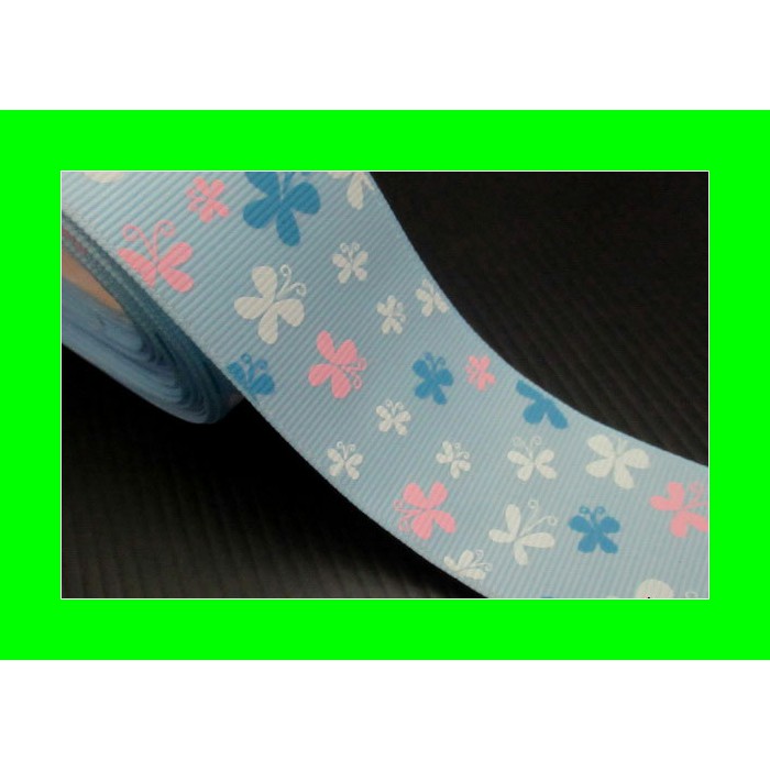 Pita Grosgrain Motif Kupu-kupu Biru muda 3,8 cm (PITA-225) TDD Bahan Kerajinan