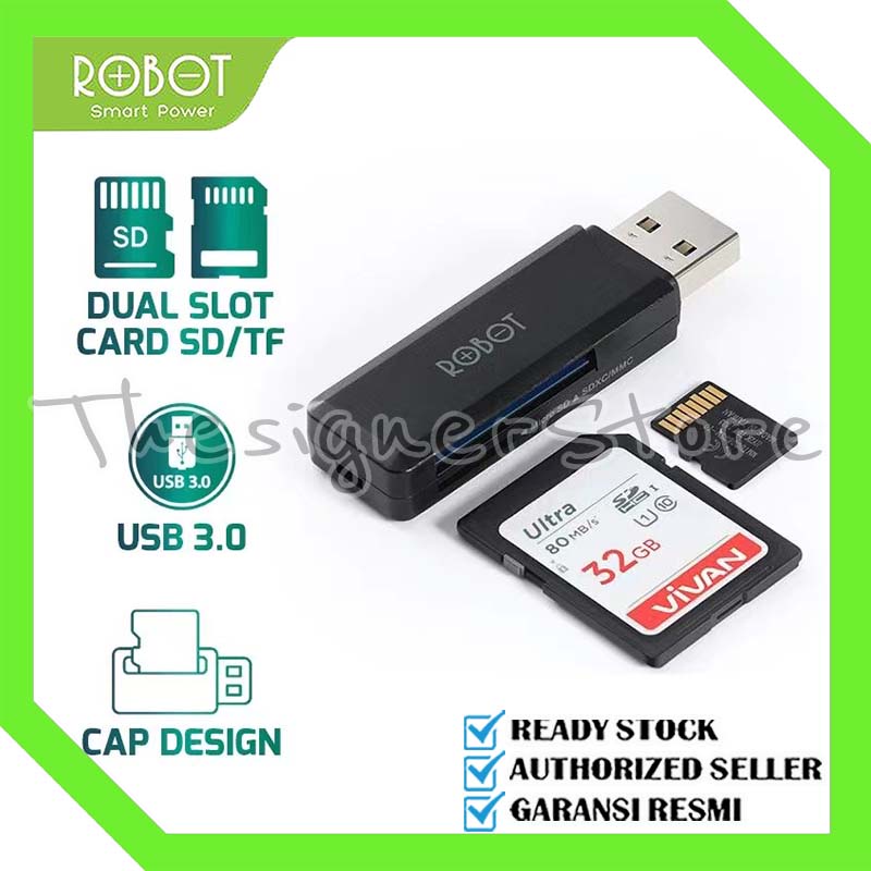 Card Reader ROBOT CR102 USB 3.0 TF / SD with 2 Slot Hub Black - Garansi Resmi 1 Tahun