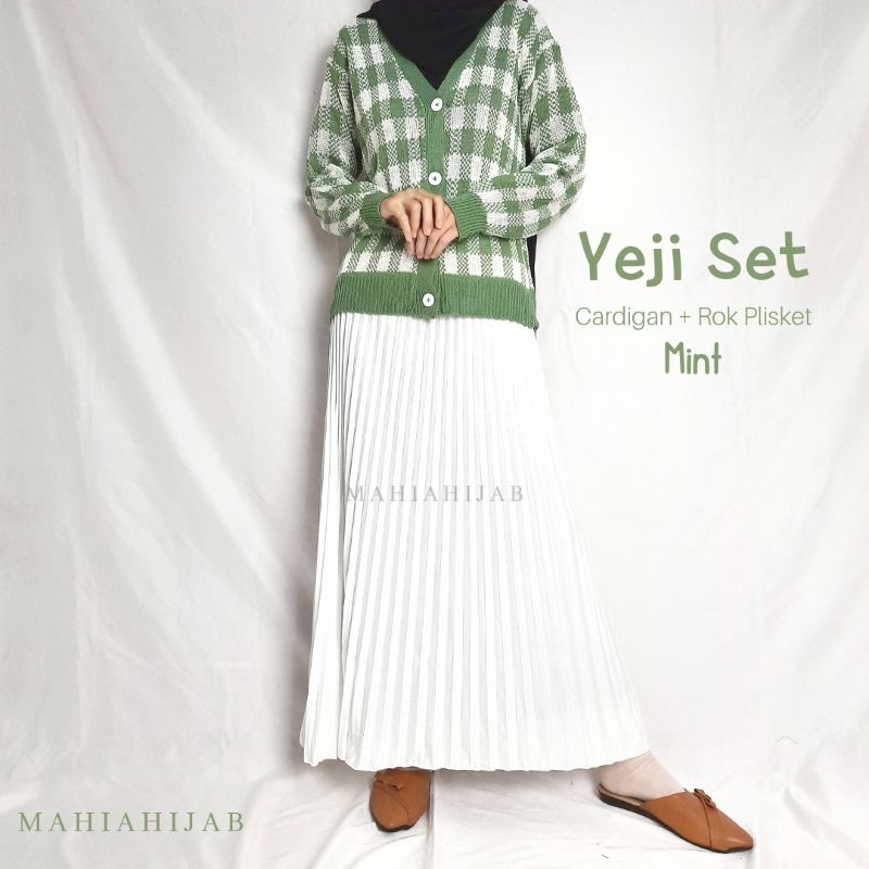 4in1 Setelan lengkap Yeji Cardi ( Cardi + Rok Plisket + Hijab Bella ) OUTFIT RAJUT  Korean Style , SETELAN LENGKAP