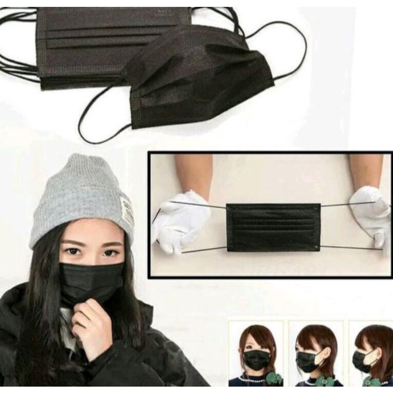 MASKER EARLOOP HITAM 3 PLY IMPORT/ MASKER 3 PLY / SURGICAL MASK / DISPOSABLE MASK