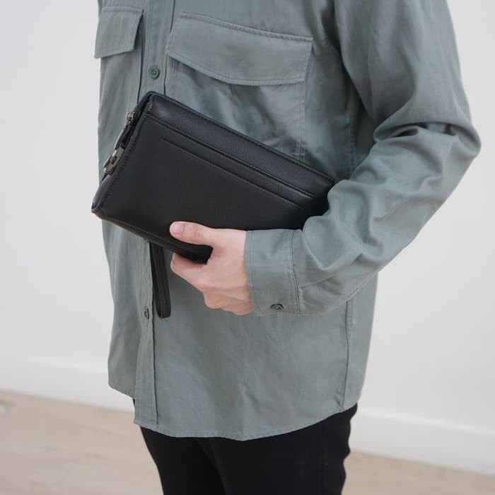 Handbag Pria / Wanita Import Branded Lv Hb82048-2 Black IN857 Clutch Handbag Pria Kulit Polos Black