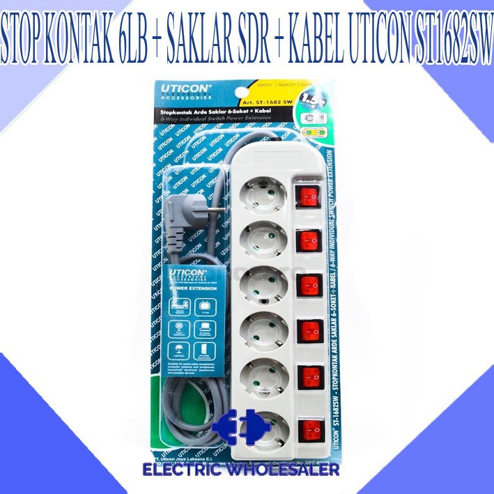 STOP KONTAK 6 LUBANG UTICON &amp; SAKLAR SDR &amp; KABEL UTICON ST1682SW