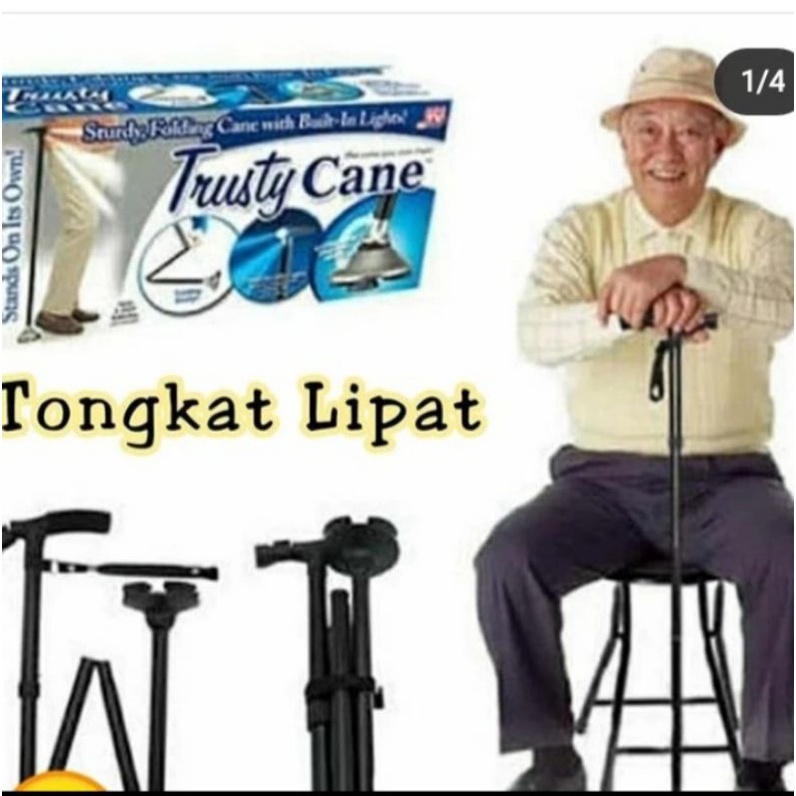 Original Tongkat Bantu Jalan Manusia Lansia lipat trusty Cane Lampu LED Folding Exp Baru