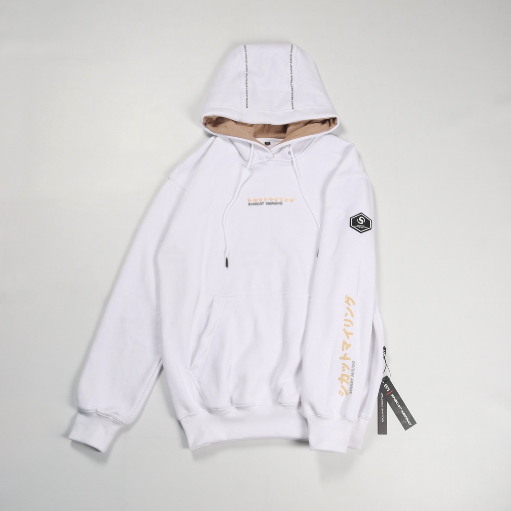 Jacket Hoodie Pria SKM | Shikat Miring Hoodie Japanese Logo White