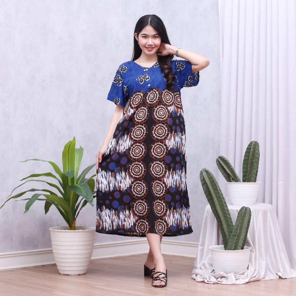 Daster Batik Lengan Pendek - Motif Daun - Leher Kancing (DPT001-133) Batik Prass-LAYLA BIRU
