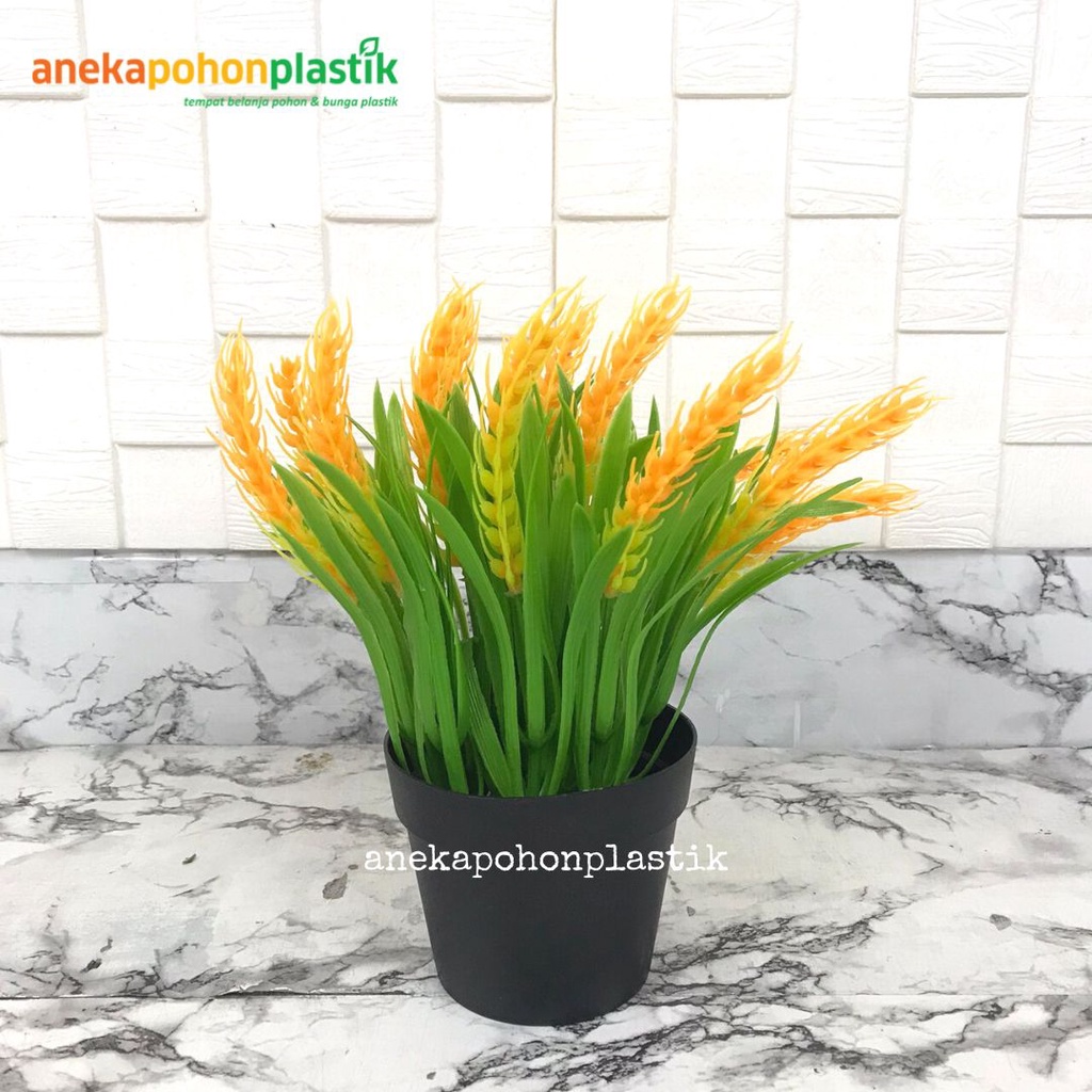 Jual Tanaman Artificial Rumput Imitasi Bunga Gandum Pot Hitam Plastik