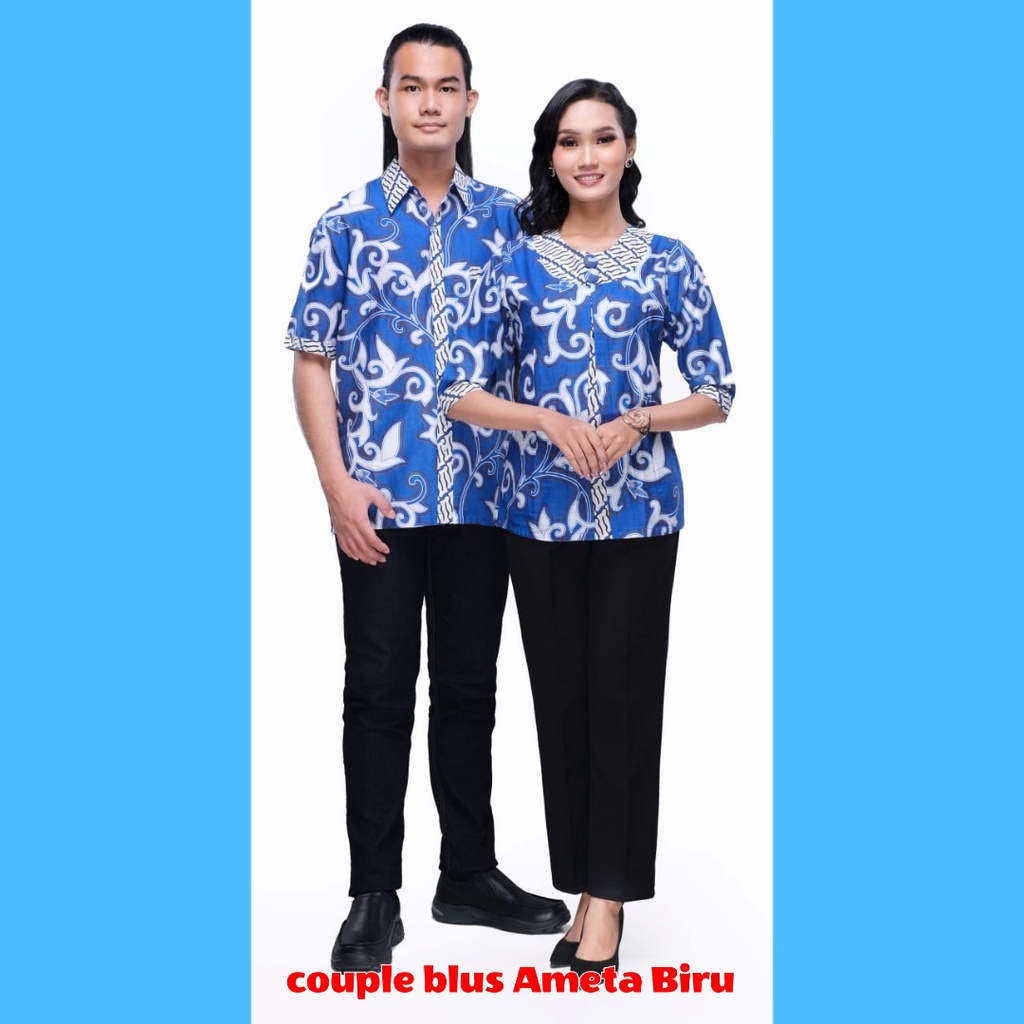 BATIK COUPLE KELUARGA SARIMBIT PASANGAN MUDA AYAH IBU ANAK  PREMIUM FAMILY JUMBO MODERN MURAH KEKINIAN TERBARU BLOUSE BLUS AMETA BIRU CAMISOLA CLOTHING