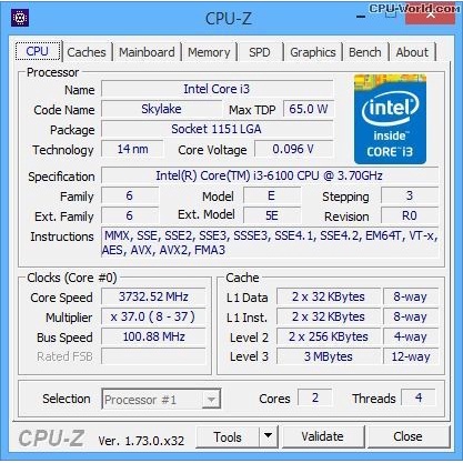 Processor Intel Core i3 6100 tray Socket 1151 Skylake