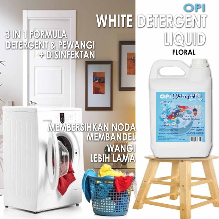 Sabun Laundry putih cair dengan wangi segar Floral 5 Liter Sabun Cuci Cair, Deterjen cair, sabun laundry Produk OPI baru seperti Rinso, Attack, So Klin dan lainnya untuk membersihkan pakaian sudah ada izin edar resmi by Oke sabun suplayer