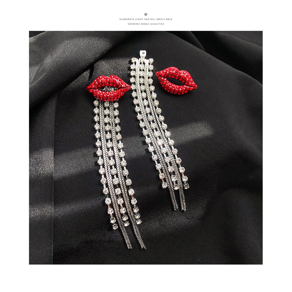 Anting Tusuk Sterling Silver 925 Model Bibir Merah Api Dengan Rumbai Panjang Untuk Wanita
