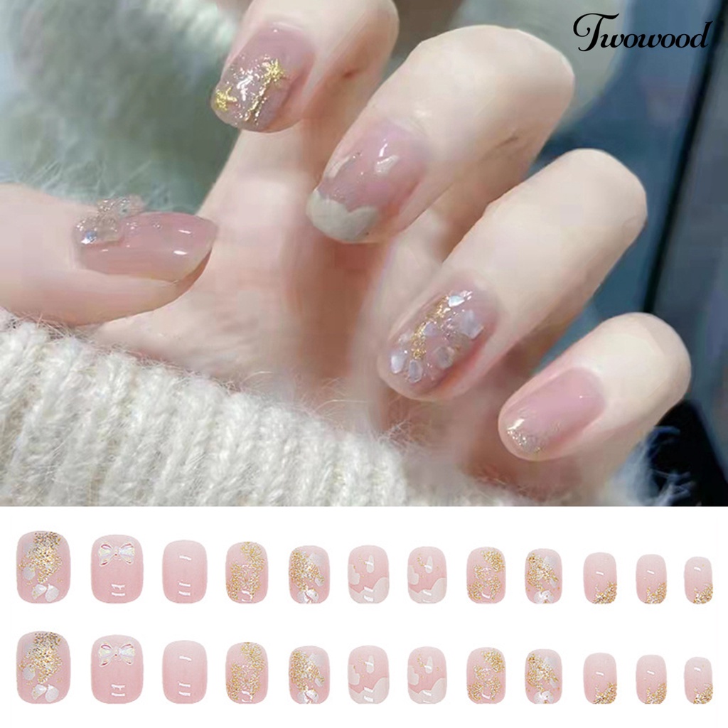 Twowood 24Pcs / Box Kuku Palsu Bahan ABS Aksen Pita + Berlian Imitasi Untuk Nail Art / Manicure Pemula