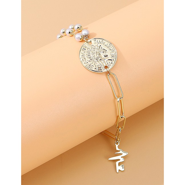 LRC Gelang Tangan Fashion Golden Round Head Portrait Pearl Stitching Y64449