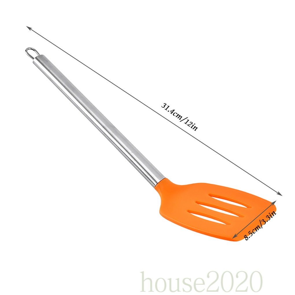 (House2020) Spatula Slotted Turner Bahan Silikon Flexible Warna Oranye