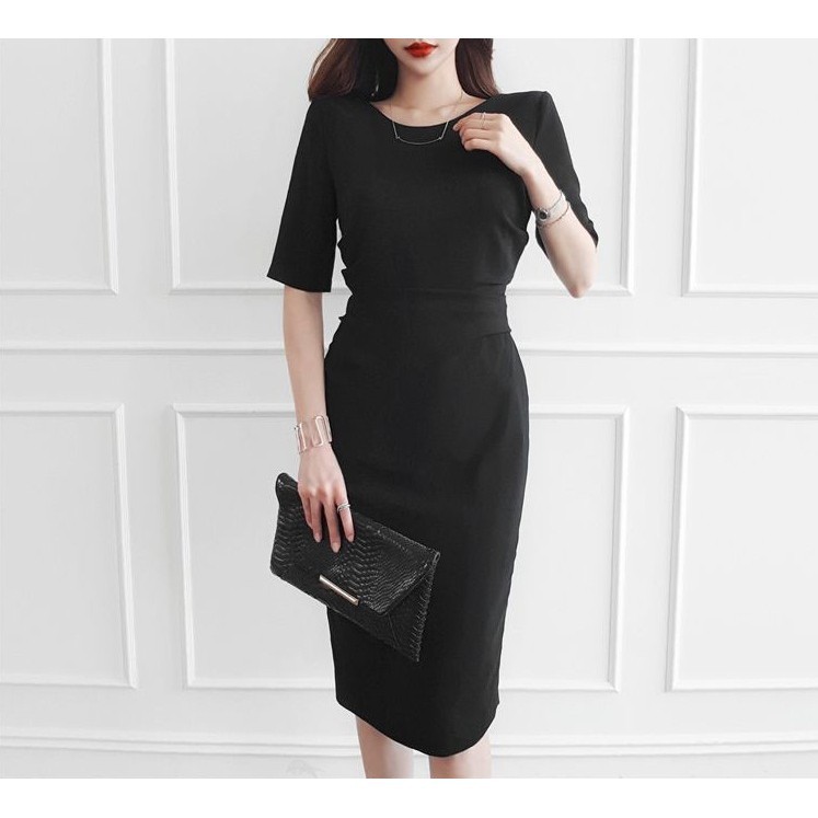 [baju wanita korea]  Black Simple Mini Dress Gaun Pesta Wanita Korea Import Hitam
