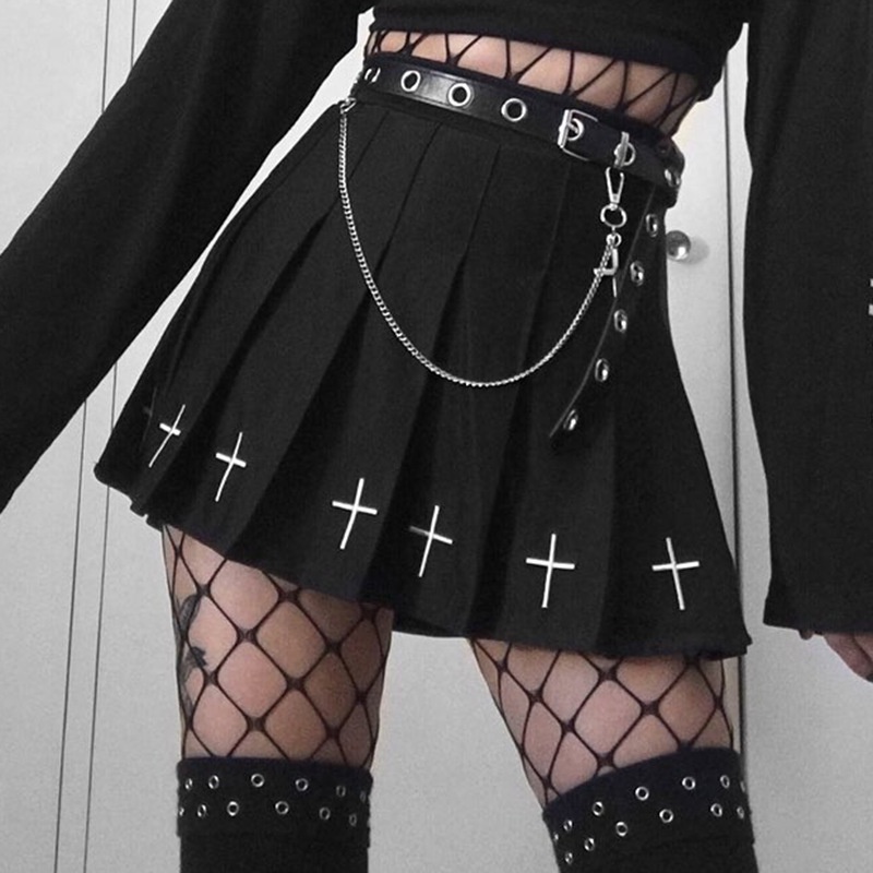 2022Black High Waist Mini Skirts Punk Pleated Vintage Skirt Gothic Streetwear Cross Print Pleated Wo